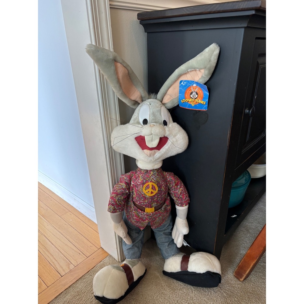 Vintage Bugs Bunny Looney Tunes Plush Hippie Outfit Peace Sign Paisley Large Toy